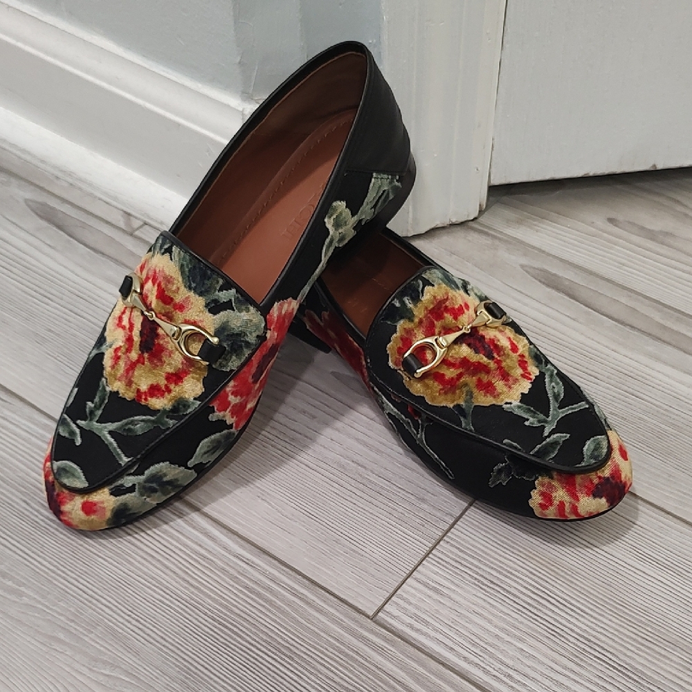 Coach Floral Yellow Rose Jacquard Black Loafer Shoes